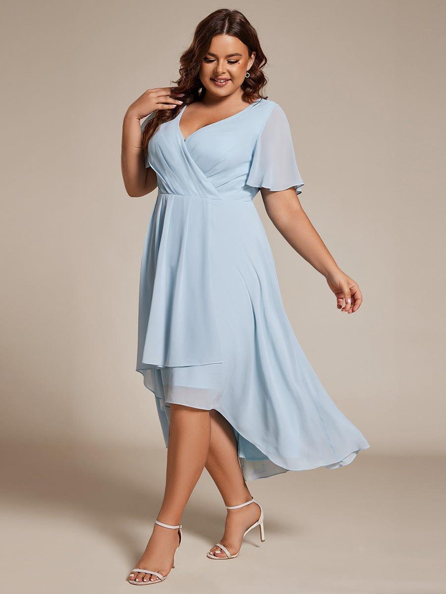 Plus Size Chiffon Short Sleeves Pleated V-Neck A-Line Midi Wedding Guest Dress #color_Sky Blue