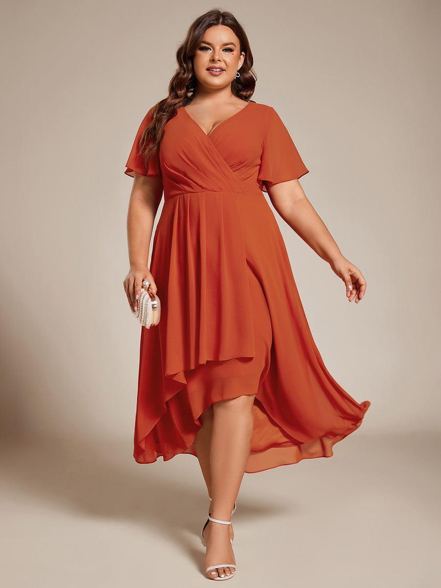 Plus Size Chiffon Short Sleeves Pleated V-Neck A-Line Midi Wedding Guest Dress  #color_Burnt Orange