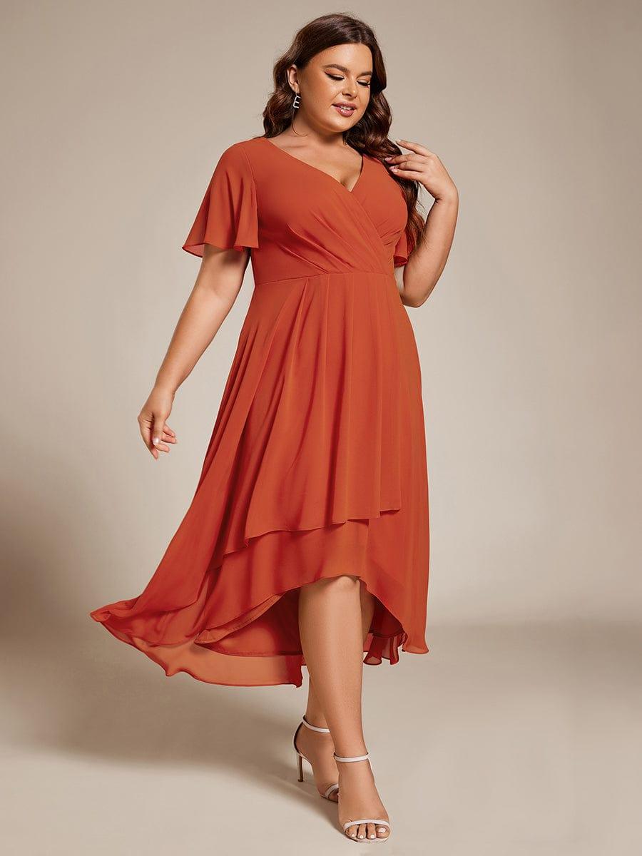 Plus Size Chiffon Short Sleeves Pleated V-Neck A-Line Midi Wedding Guest Dress  #color_Burnt Orange