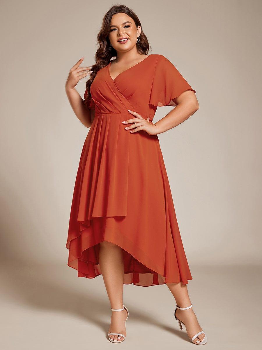 Plus Size Chiffon Short Sleeves Pleated V-Neck A-Line Midi Wedding Guest Dress  #color_Burnt Orange
