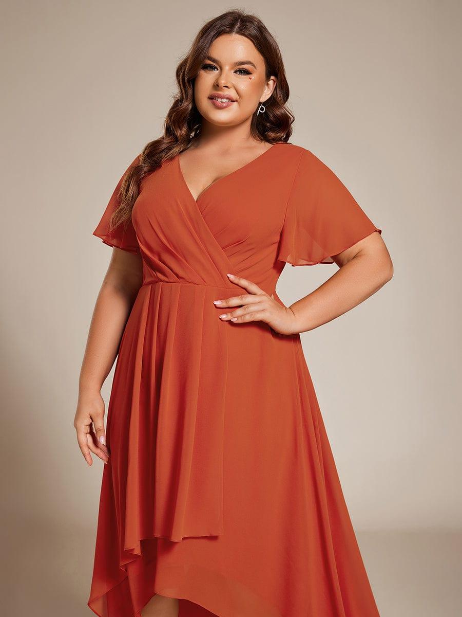 Plus Size Chiffon Short Sleeves Pleated V-Neck A-Line Midi Wedding Guest Dress  #color_Burnt Orange