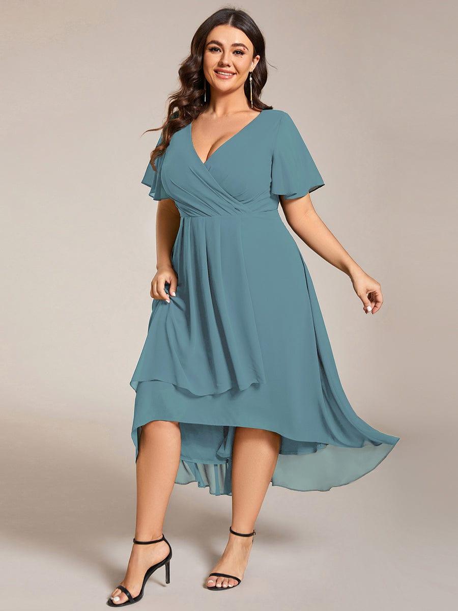 Plus Size Chiffon Short Sleeves Pleated V-Neck A-Line Midi Wedding Guest Dress  #color_Light Teal
