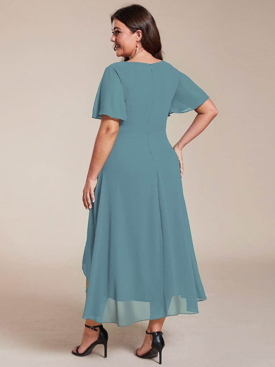 Plus Size Chiffon Short Sleeves Pleated V-Neck A-Line Midi Wedding Guest Dress  #color_Light Teal