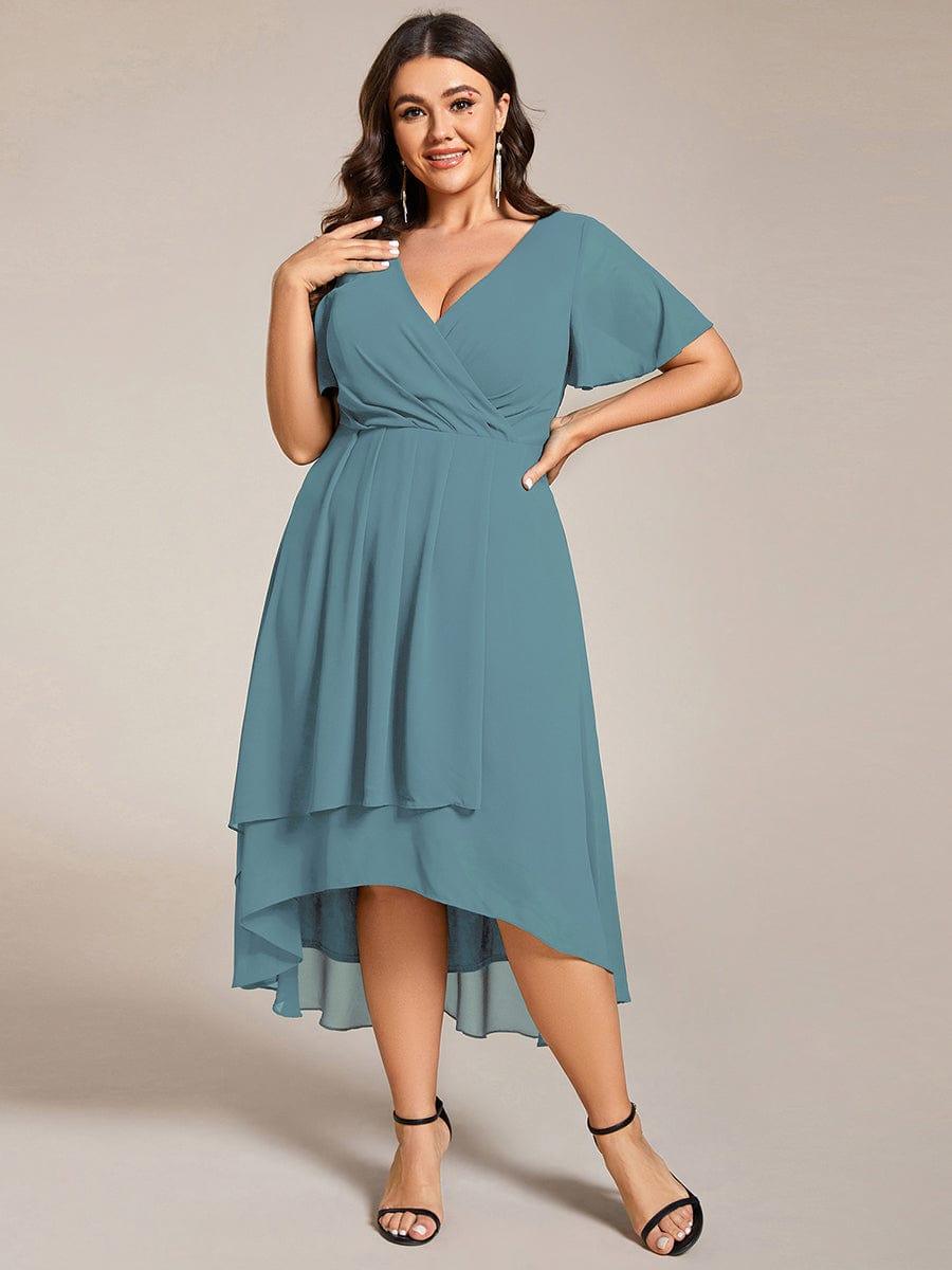 Plus Size Chiffon Short Sleeves Pleated V-Neck A-Line Midi Wedding Guest Dress  #color_Light Teal