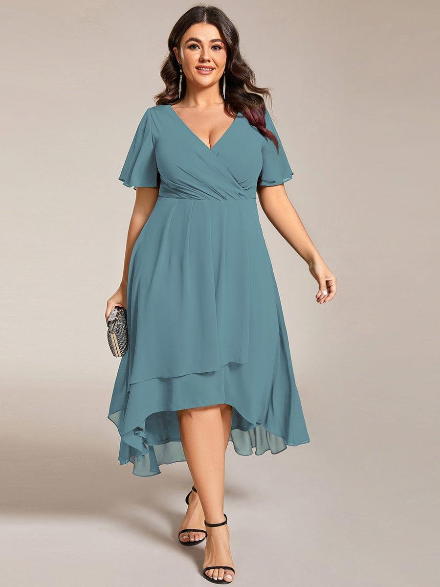 Plus Size Chiffon Short Sleeves Pleated V-Neck A-Line Midi Wedding Guest Dress  #color_Light Teal