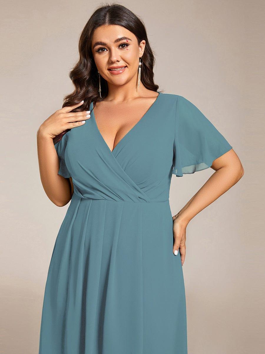 Plus Size Chiffon Short Sleeves Pleated V-Neck A-Line Midi Wedding Guest Dress  #color_Light Teal