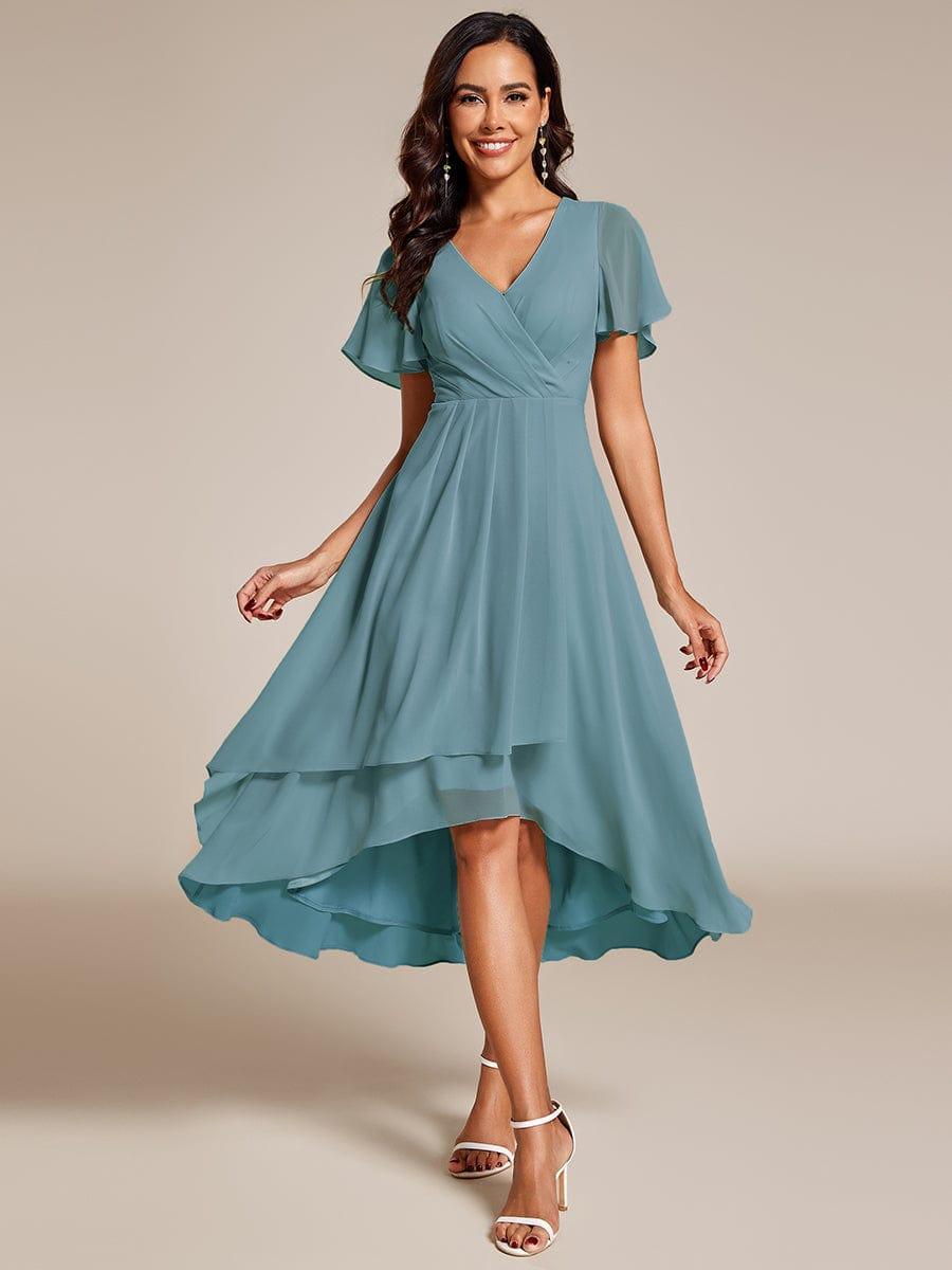 Deep V-Neck Chiffon Ruffle Sleeve Wedding Guest Dress #color_Light Teal