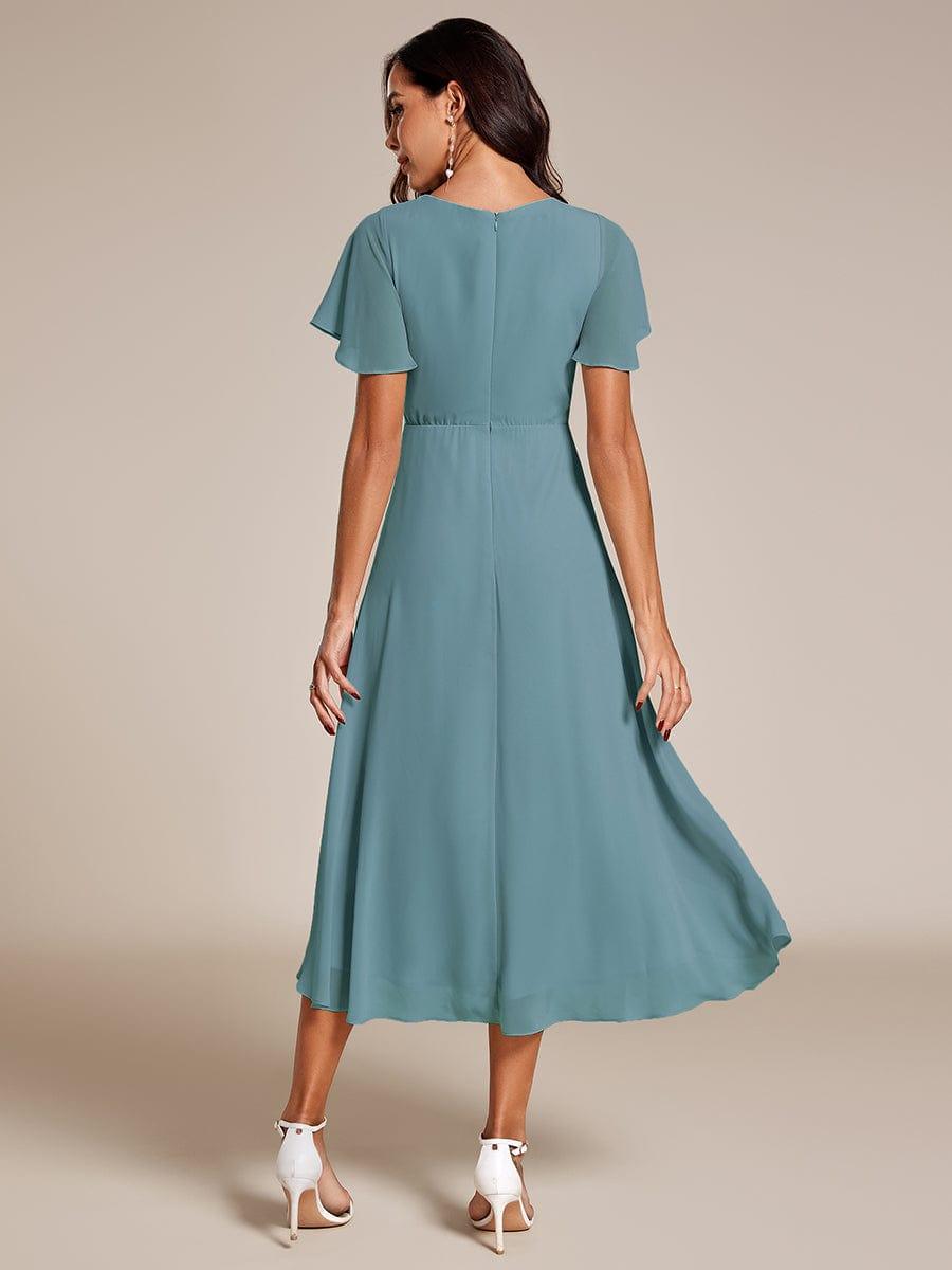 Deep V-Neck Chiffon Ruffle Sleeve Wedding Guest Dress #color_Light Teal