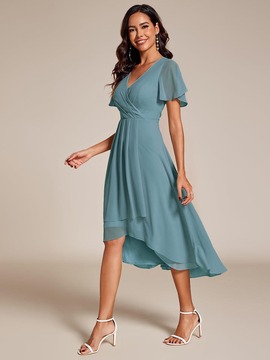 Deep V-Neck Chiffon Ruffle Sleeve Wedding Guest Dress #color_Light Teal