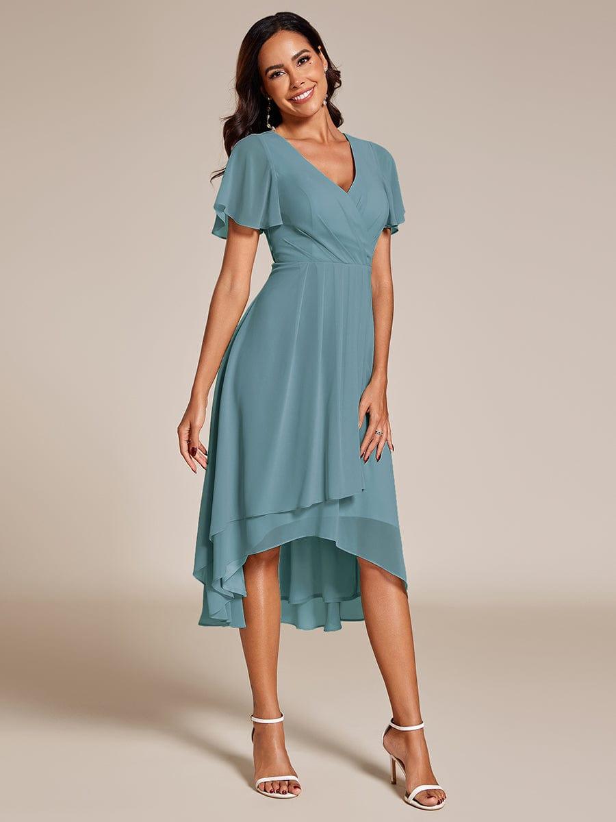 Deep V-Neck Chiffon Ruffle Sleeve Wedding Guest Dress #color_Light Teal