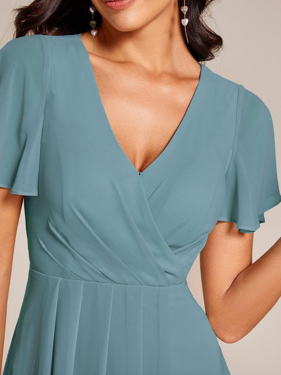 Deep V-Neck Chiffon Ruffle Sleeve Wedding Guest Dress #color_Light Teal