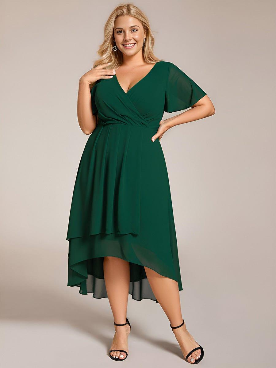 Plus Size Chiffon Short Sleeves Pleated V-Neck A-Line Midi Wedding Guest Dress #color_Dark Green