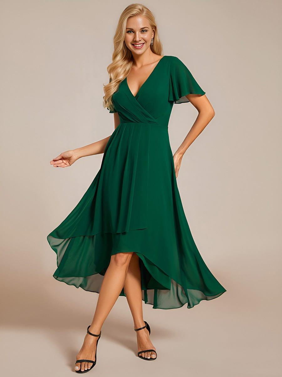 Ruffles Sleeve Pleated V-Neck A-Line Midi Chiffon Wedding Guest Dress #color_Dark Green