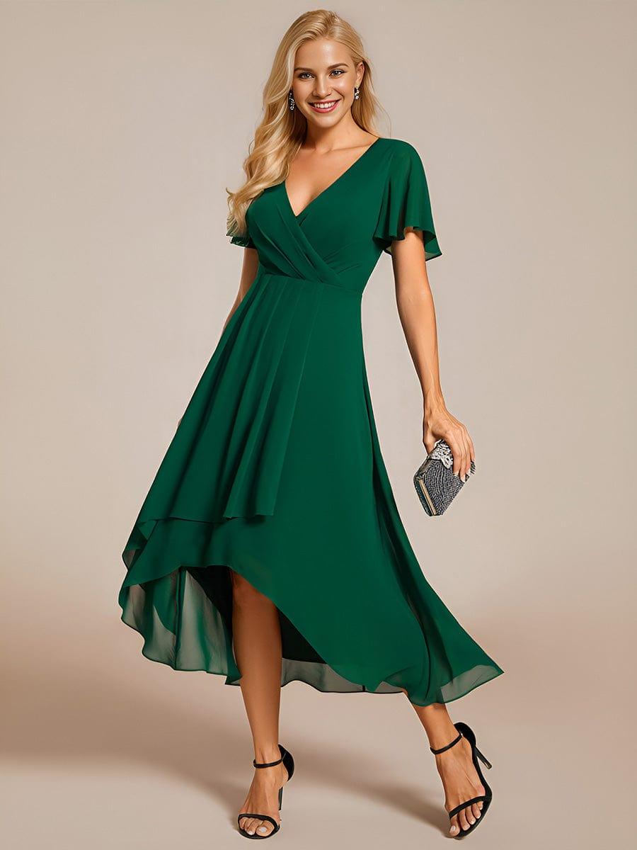 Ruffles Sleeve Pleated V-Neck A-Line Midi Chiffon Wedding Guest Dress #color_Dark Green