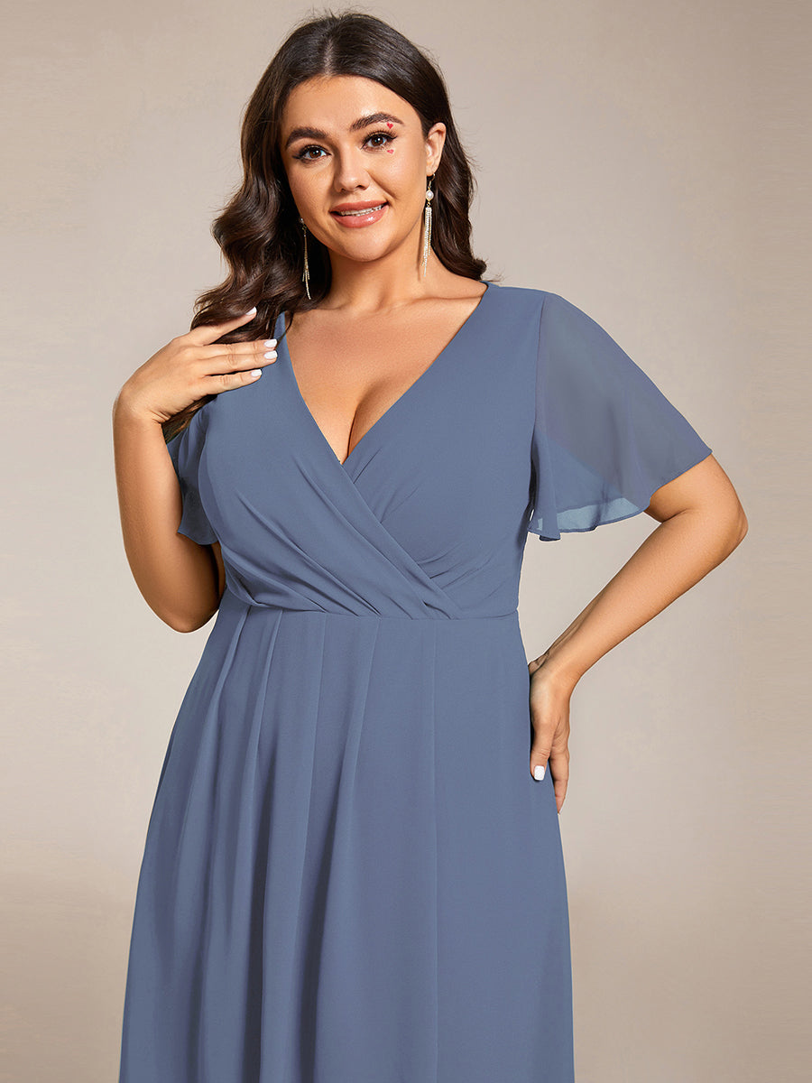 Plus Size Chiffon Short Sleeves Pleated V-Neck A-Line Midi Wedding Guest Dress #color_Dusty Blue