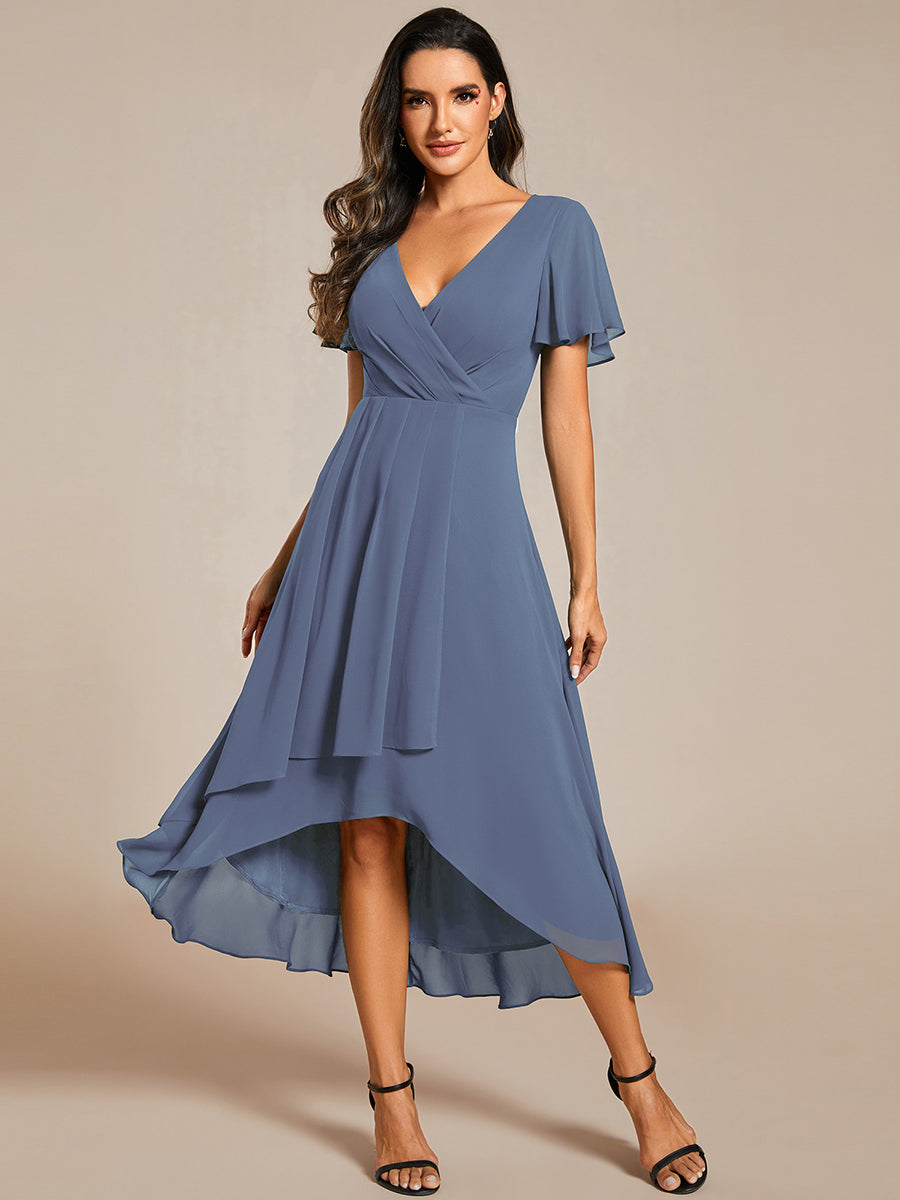 Ruffles Sleeve Pleated V-Neck A-Line Midi Chiffon Wedding Guest Dress #color_Dusty Blue