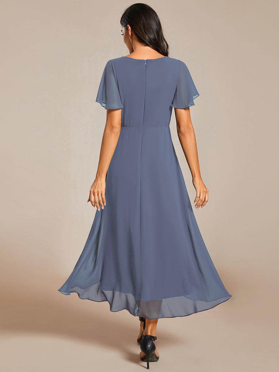 Ruffles Sleeve Pleated V-Neck A-Line Midi Chiffon Wedding Guest Dress #color_Dusty Blue