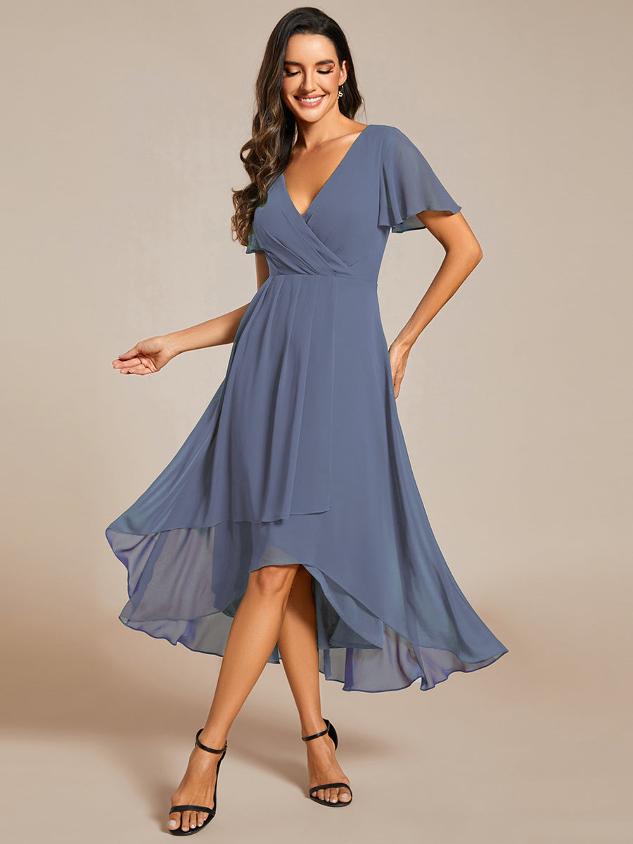Ruffles Sleeve Pleated V-Neck A-Line Midi Chiffon Wedding Guest Dress #color_Dusty Blue