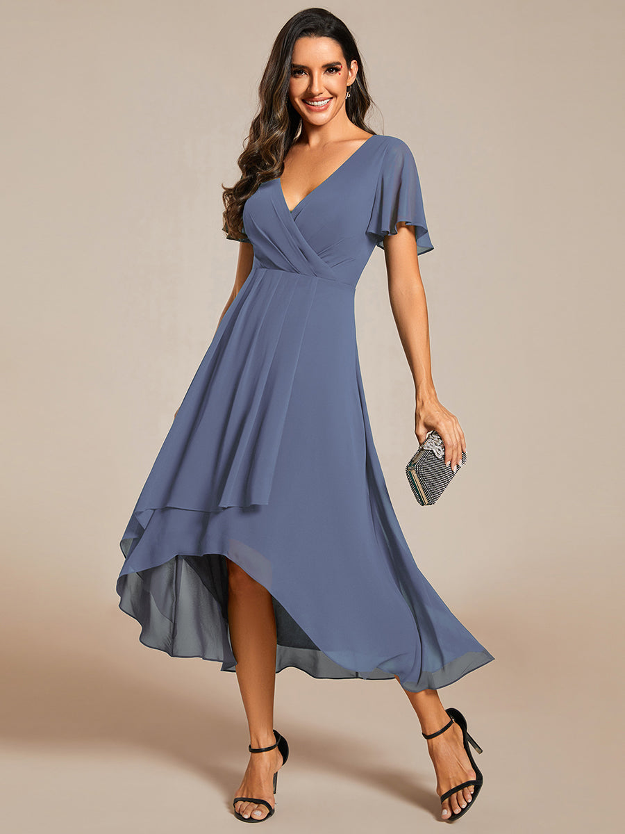 Ruffles Sleeve Pleated V-Neck A-Line Midi Chiffon Wedding Guest Dress #color_Dusty Blue