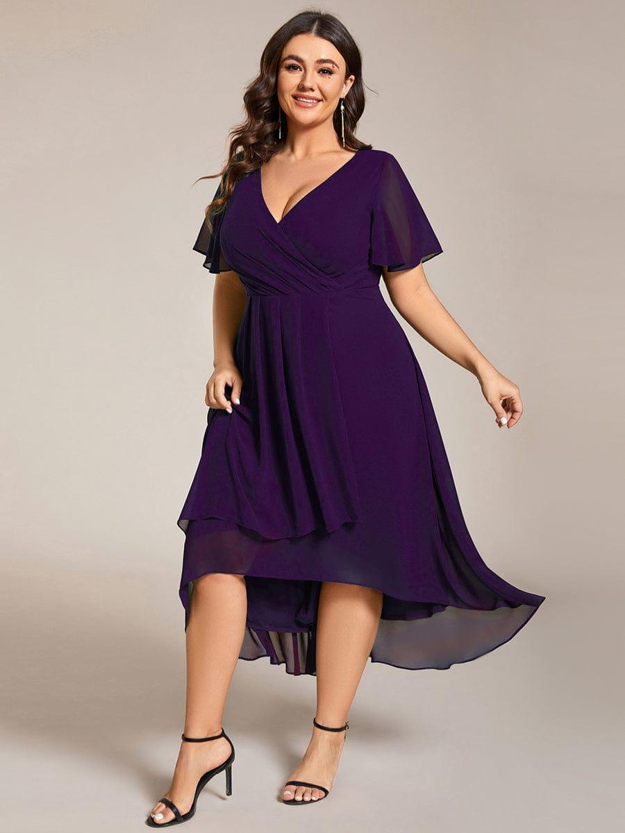 Plus Size Chiffon Short Sleeves Pleated V-Neck A-Line Midi Wedding Guest Dress #color_Dark Purple