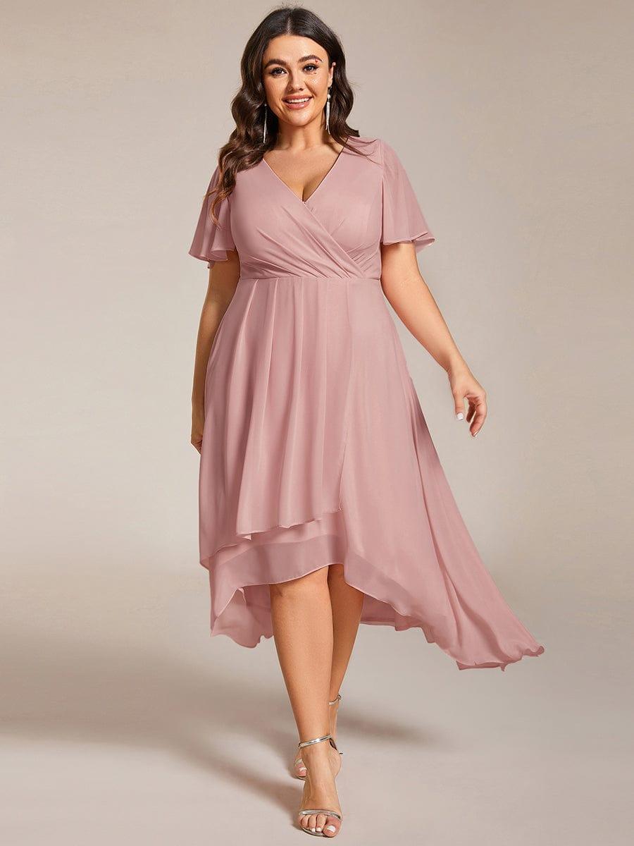 Plus Size Chiffon Short Sleeves Pleated V-Neck A-Line Midi Wedding Guest Dress  #color_Dusty Rose