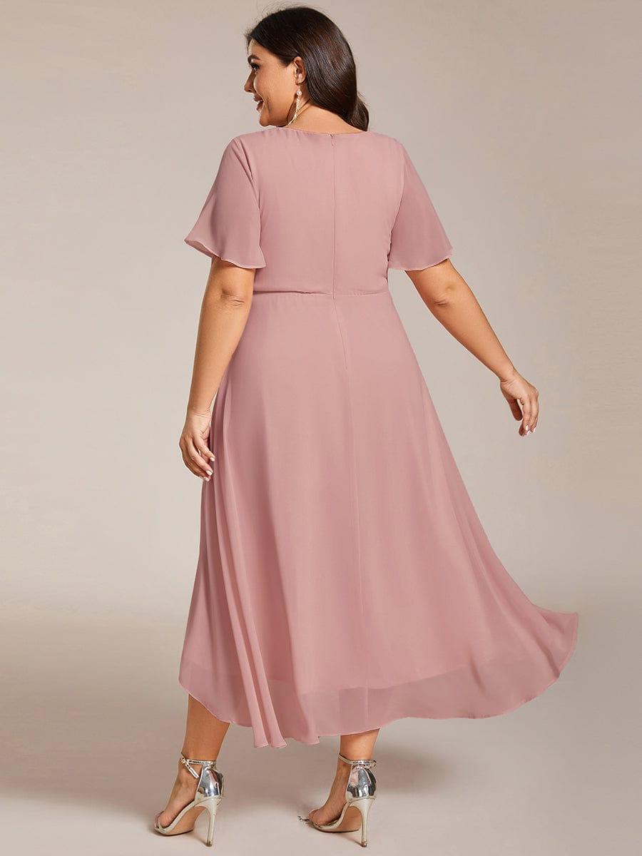 Ruffles Sleeve Pleated V-Neck A-Line Midi Chiffon Wedding Guest Dress #color_Dusty Rose