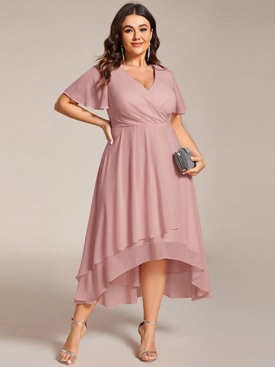 Ruffles Sleeve Pleated V-Neck A-Line Midi Chiffon Wedding Guest Dress #color_Dusty Rose