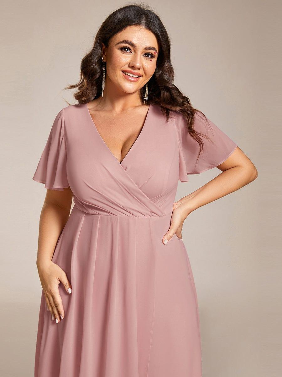 Ruffles Sleeve Pleated V-Neck A-Line Midi Chiffon Wedding Guest Dress #color_Dusty Rose