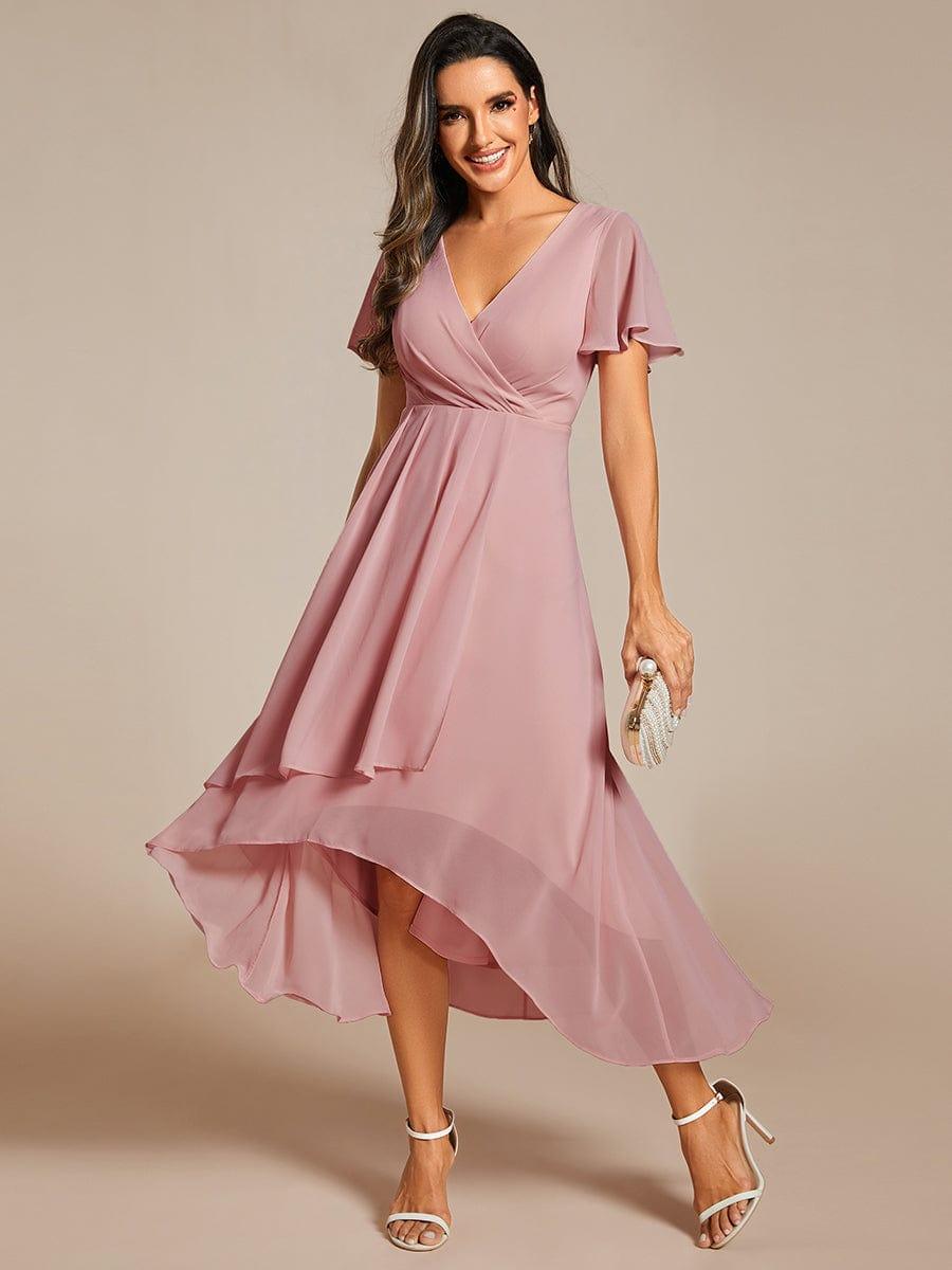 Ruffles Sleeve Pleated V-Neck A-Line Midi Chiffon Wedding Guest Dress #color_Dusty Rose