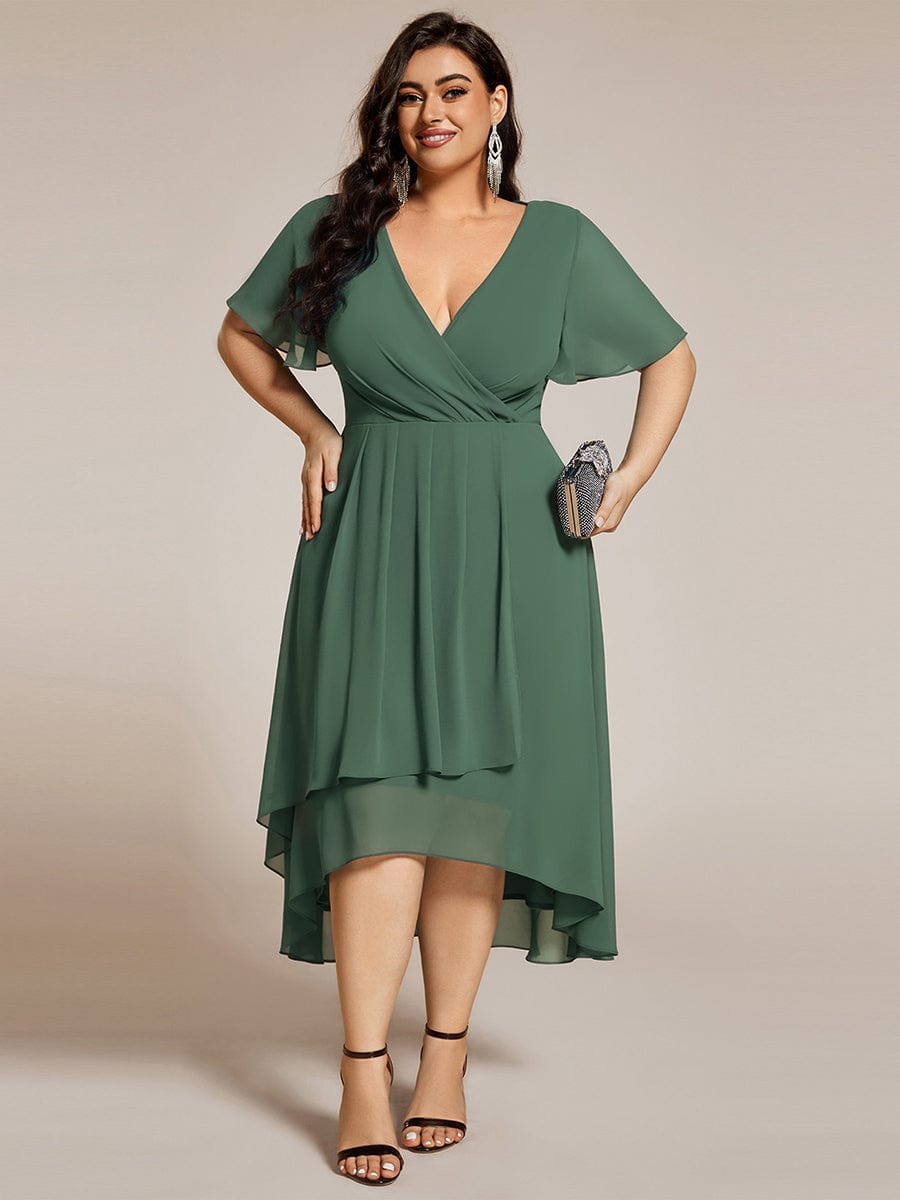Plus Size Chiffon Short Sleeves Pleated V-Neck A-Line Midi Wedding Guest Dress  #color_Eucalyptus