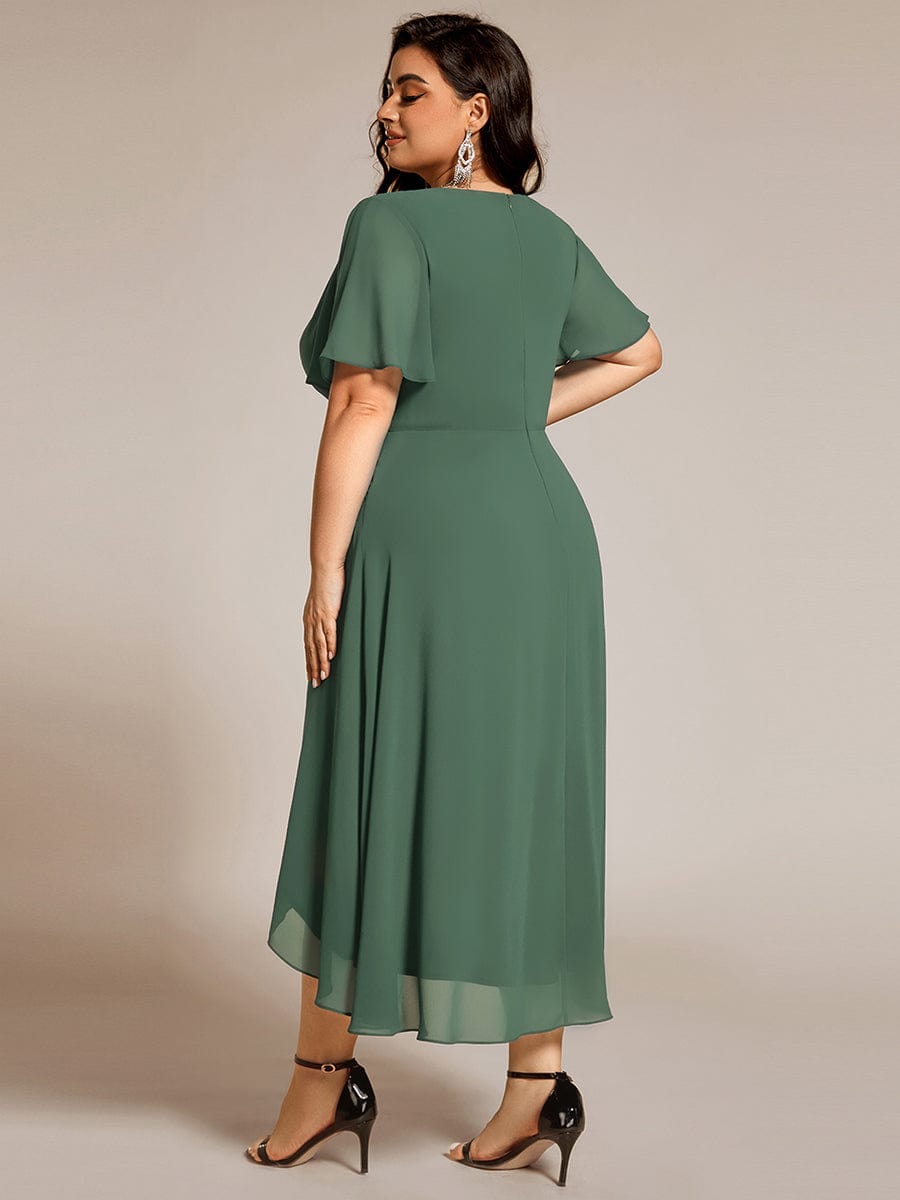 Plus Size Chiffon Short Sleeves Pleated V-Neck A-Line Midi Wedding Guest Dress  #color_Eucalyptus