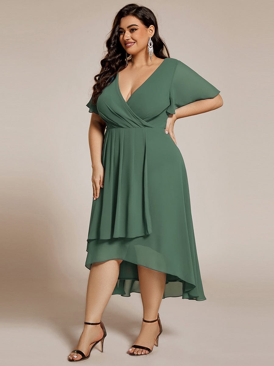 Plus Size Chiffon Short Sleeves Pleated V-Neck A-Line Midi Wedding Guest Dress  #color_Eucalyptus
