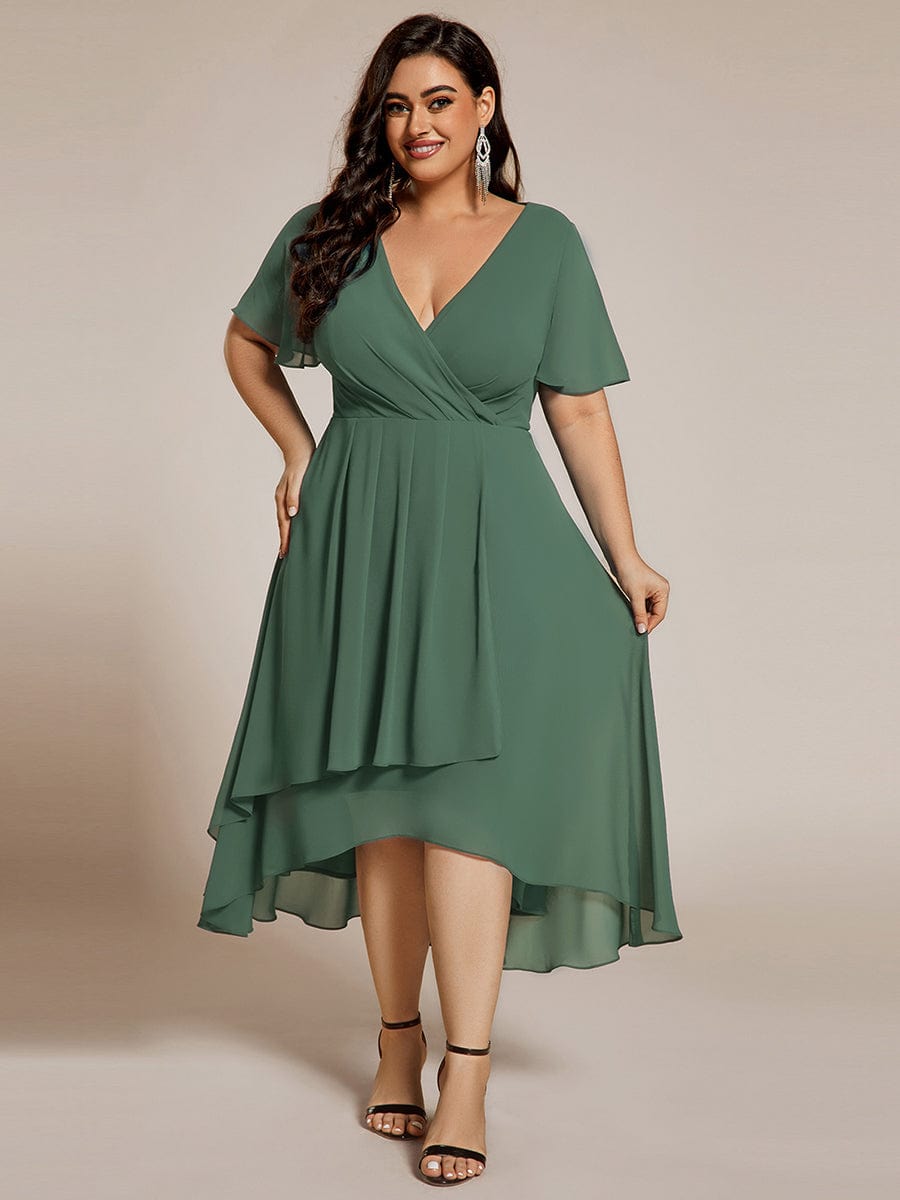 Plus Size Chiffon Short Sleeves Pleated V-Neck A-Line Midi Wedding Guest Dress  #color_Eucalyptus