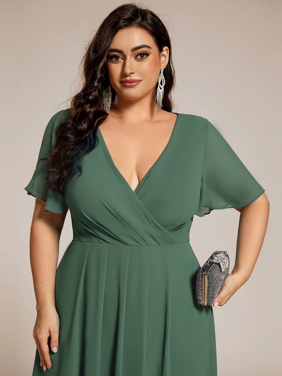 Plus Size Chiffon Short Sleeves Pleated V-Neck A-Line Midi Wedding Guest Dress  #color_Eucalyptus