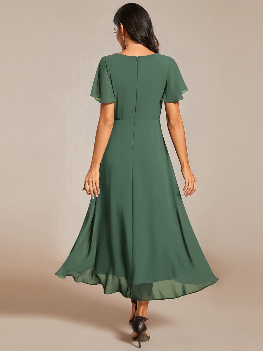 Ruffles Sleeve Pleated V-Neck A-Line Midi Chiffon Wedding Guest Dress #color_Eucalyptus
