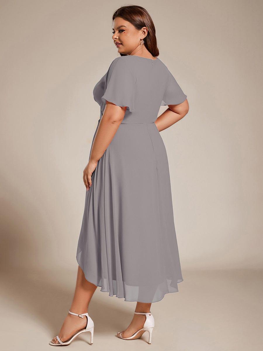 Plus Size Chiffon Short Sleeves Pleated V-Neck A-Line Midi Wedding Guest Dress  #color_Grey