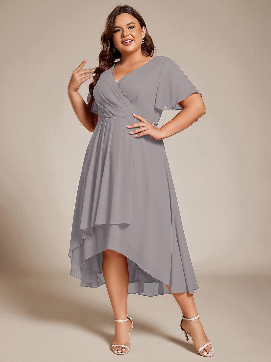 Plus Size Chiffon Short Sleeves Pleated V-Neck A-Line Midi Wedding Guest Dress  #color_Grey