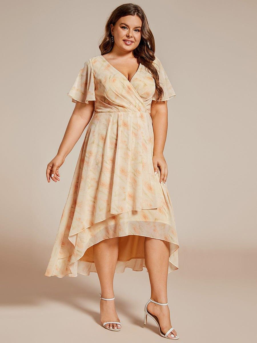 Plus Size Chiffon Short Sleeves Pleated V-Neck A-Line Midi Wedding Guest Dress  #color_Golden Roses