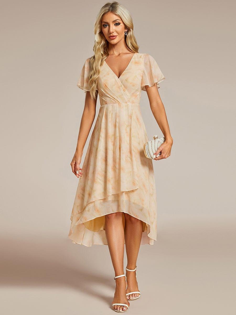 Ruffles Sleeve Pleated V-Neck A-Line Midi Chiffon Wedding Guest Dress #color_Golden Roses