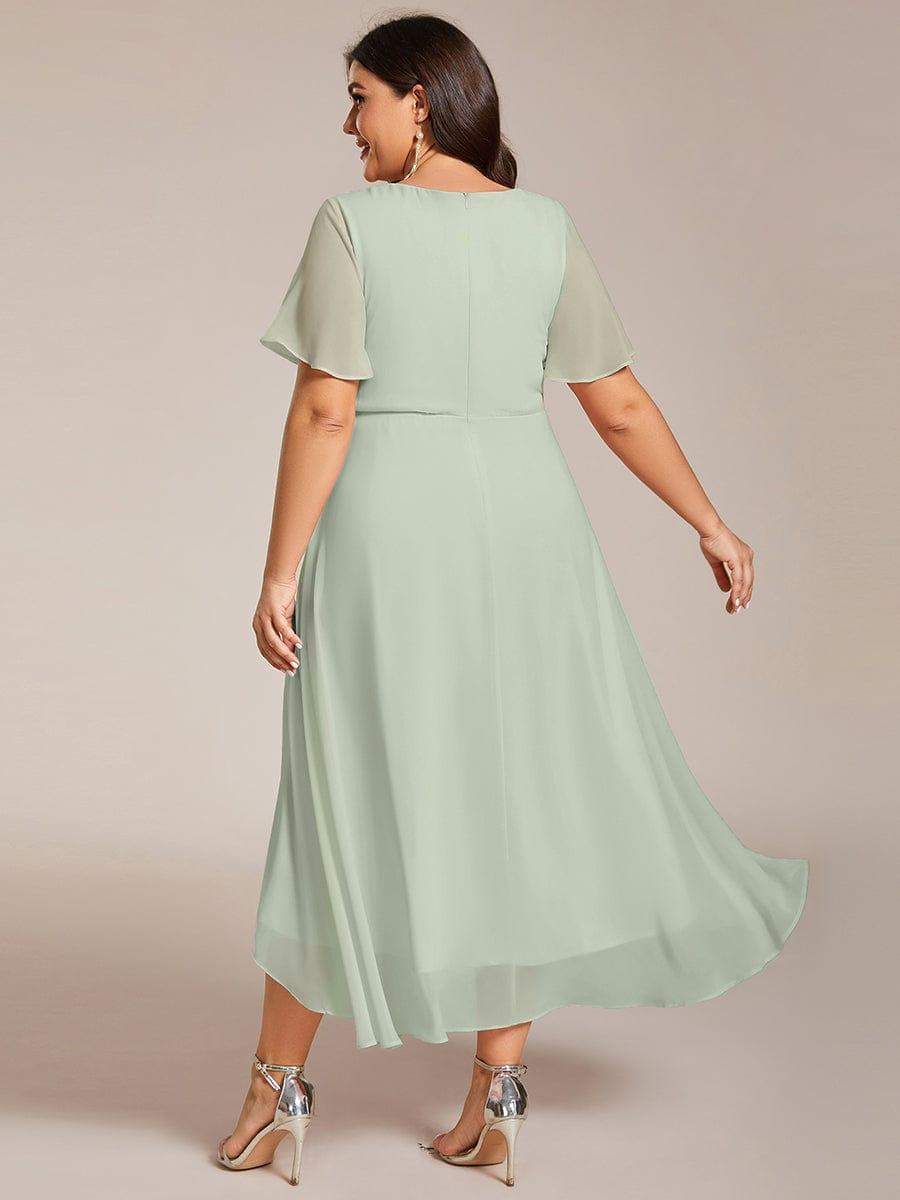 Plus Size Chiffon Short Sleeves Pleated V-Neck A-Line Midi Wedding Guest Dress #color_Mint Green