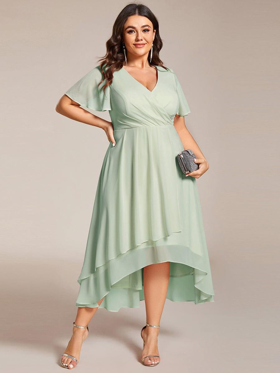 Plus Size Chiffon Short Sleeves Pleated V-Neck A-Line Midi Wedding Guest Dress #color_Mint Green