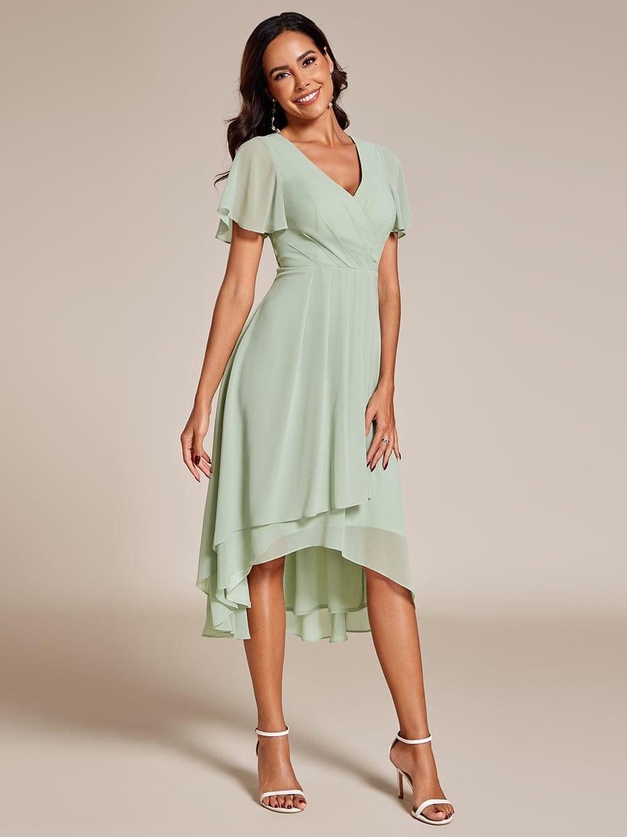 Ruffles Sleeve Pleated V-Neck A-Line Midi Chiffon Wedding Guest Dress #color_Mint Green