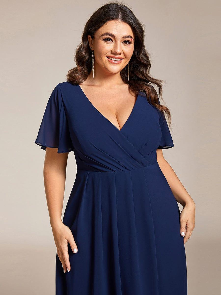 Plus Size Chiffon Short Sleeves Pleated V-Neck A-Line Midi Wedding Guest Dress #color_Navy Blue