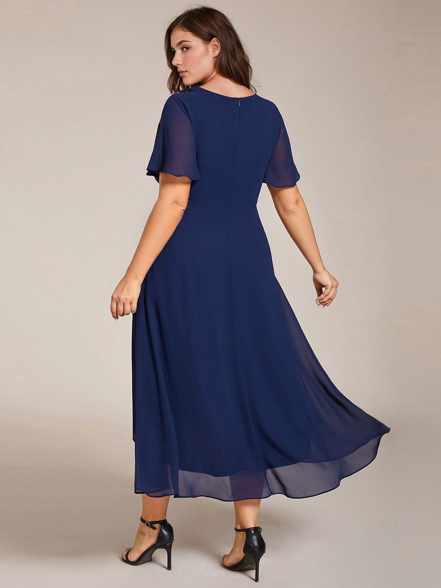 Ruffles Sleeve Pleated V-Neck A-Line Midi Chiffon Wedding Guest Dress #color_Navy Blue