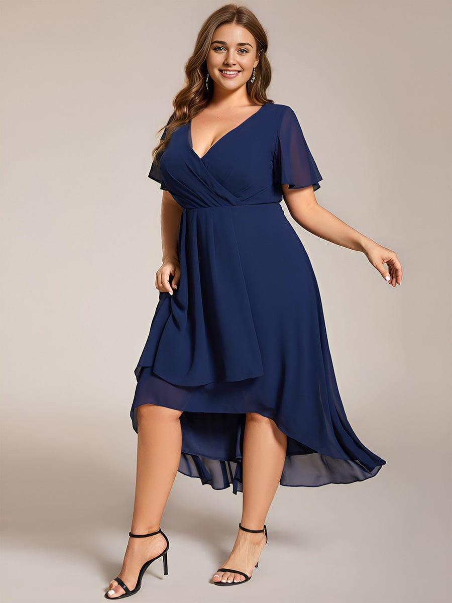 Ruffles Sleeve Pleated V-Neck A-Line Midi Chiffon Wedding Guest Dress #color_Navy Blue