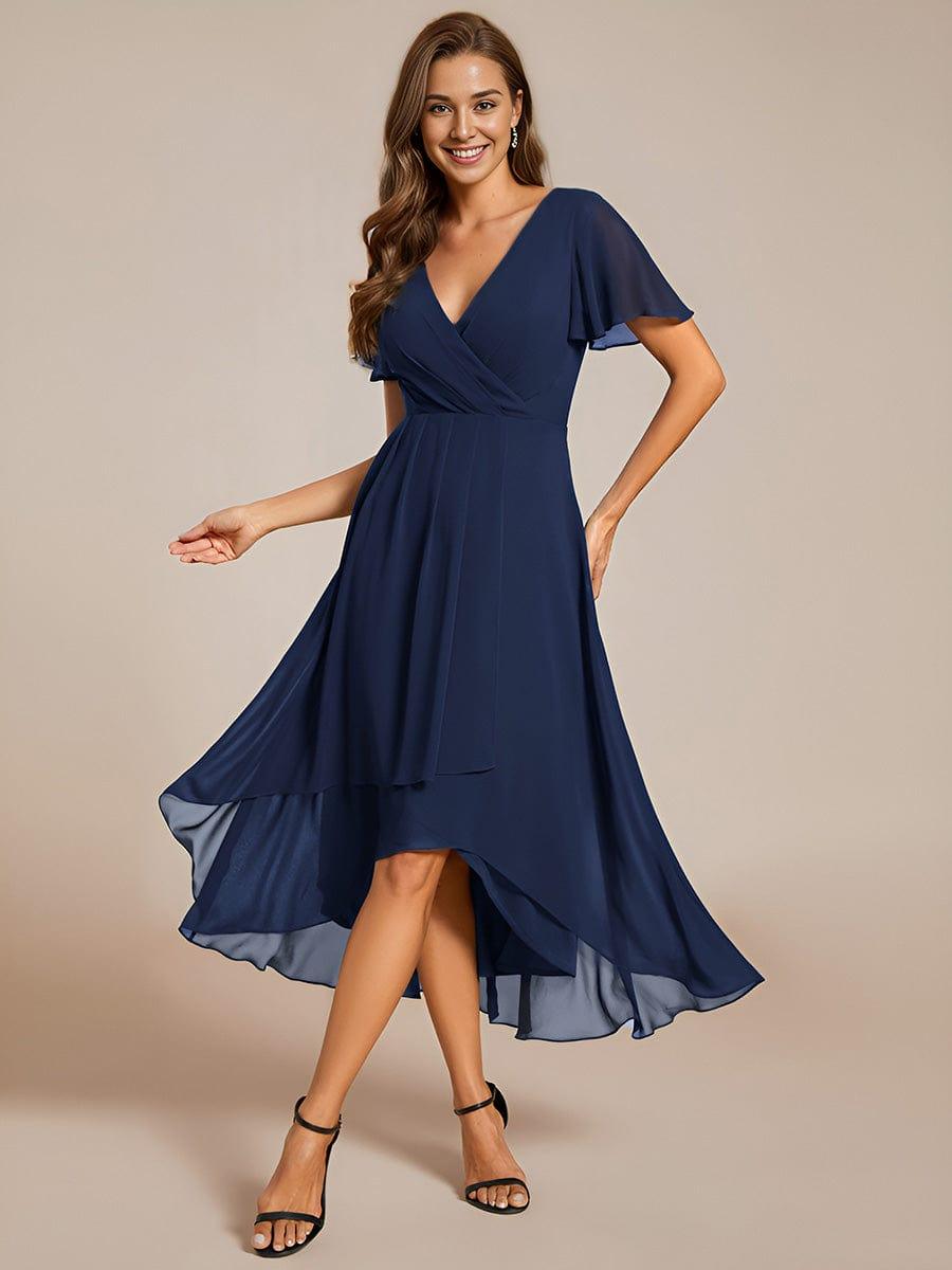 Ruffles Sleeve Pleated V-Neck A-Line Midi Chiffon Wedding Guest Dress #color_Navy Blue