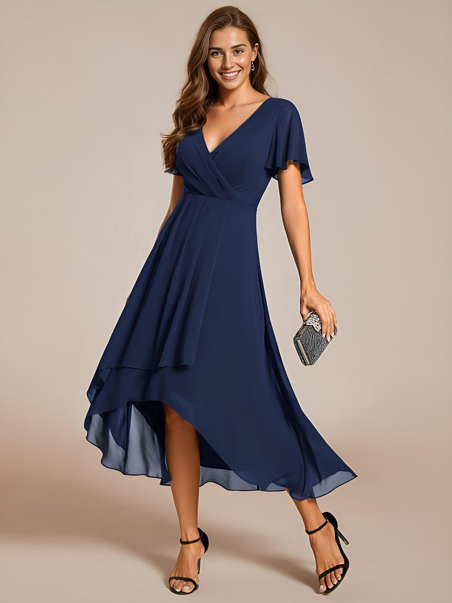 Ruffles Sleeve Pleated V-Neck A-Line Midi Chiffon Wedding Guest Dress #color_Navy Blue