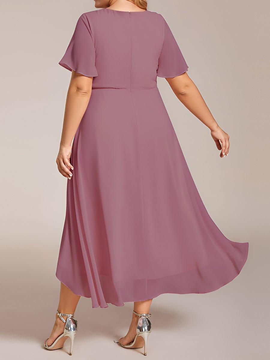 Plus Size Chiffon Short Sleeves Pleated V-Neck A-Line Midi Wedding Guest Dress #color_Purple Orchid