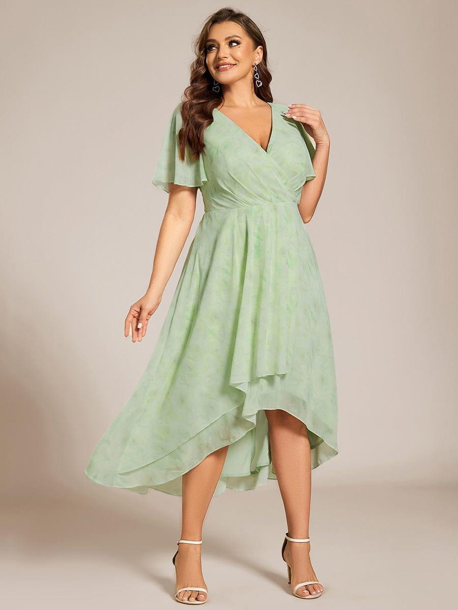 Plus Size Chiffon Short Sleeves Pleated V-Neck A-Line Midi Wedding Guest Dress  #color_Light Green Roses