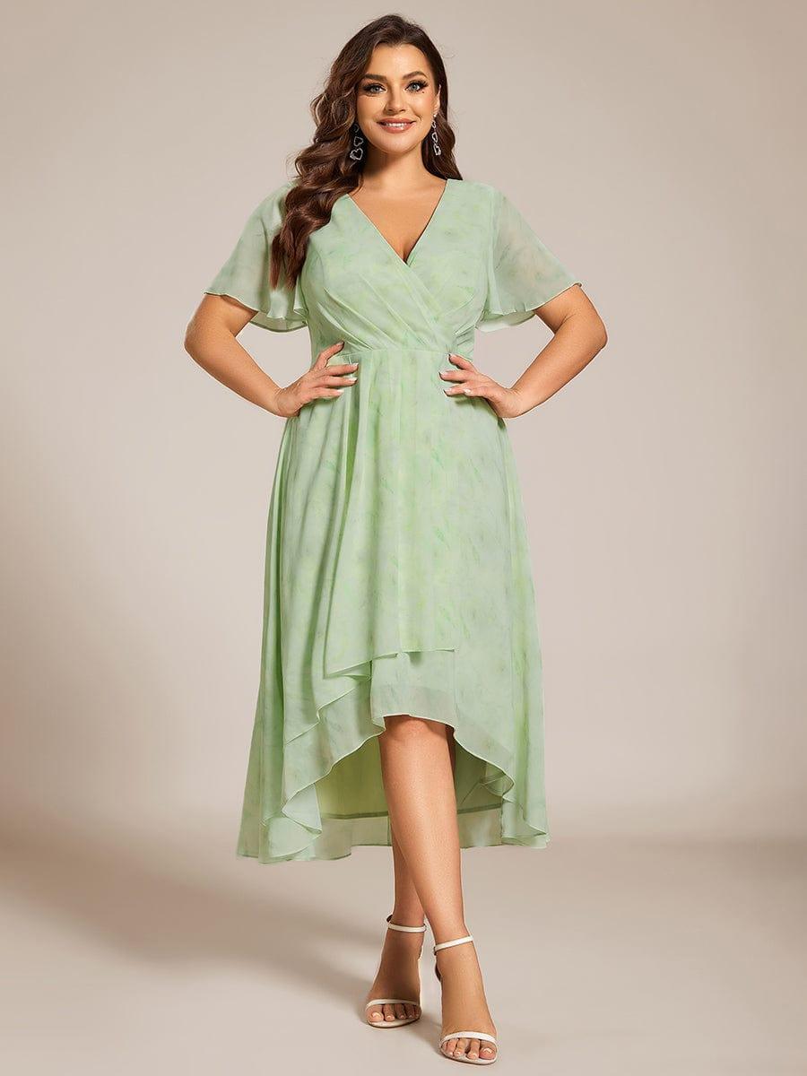 Plus Size Chiffon Short Sleeves Pleated V-Neck A-Line Midi Wedding Guest Dress  #color_Light Green Roses